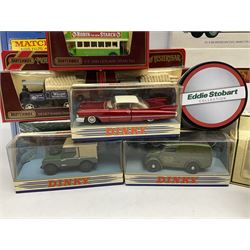 Matchbox - 1929 Scammell 100 ton truck with GER 2-4-0 locomotive; 1936 Leyland Cub Fire-Engine; five Models of Yesteryear; six Dinky Collection vehicles; and Matchbox reference book; together with three Atlas Eddie Stobart vehicles; and three Lledo promotional models; all boxed 