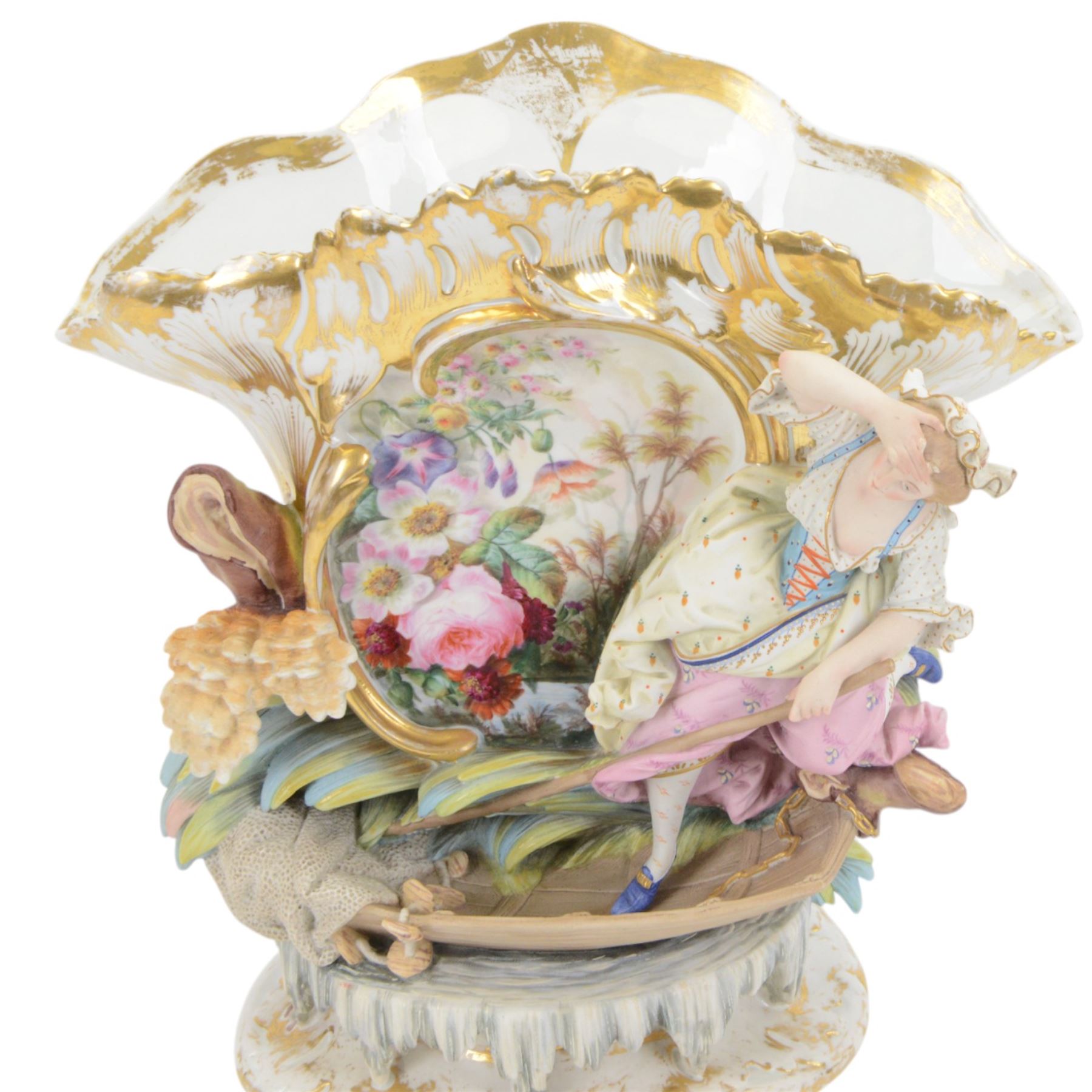19th century Continental part bisque and glazed porcelain vase, the fan shaped vase hand painted with a floral spray, upon a punt navigated by a female figure, H39.5cm W39cm