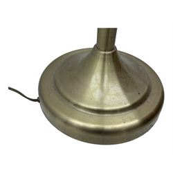 Contemporary brushed metal standard lamp, brass effect with cylindrical stem, on circular base, H131cm; matching table lamp, H35cm (2)