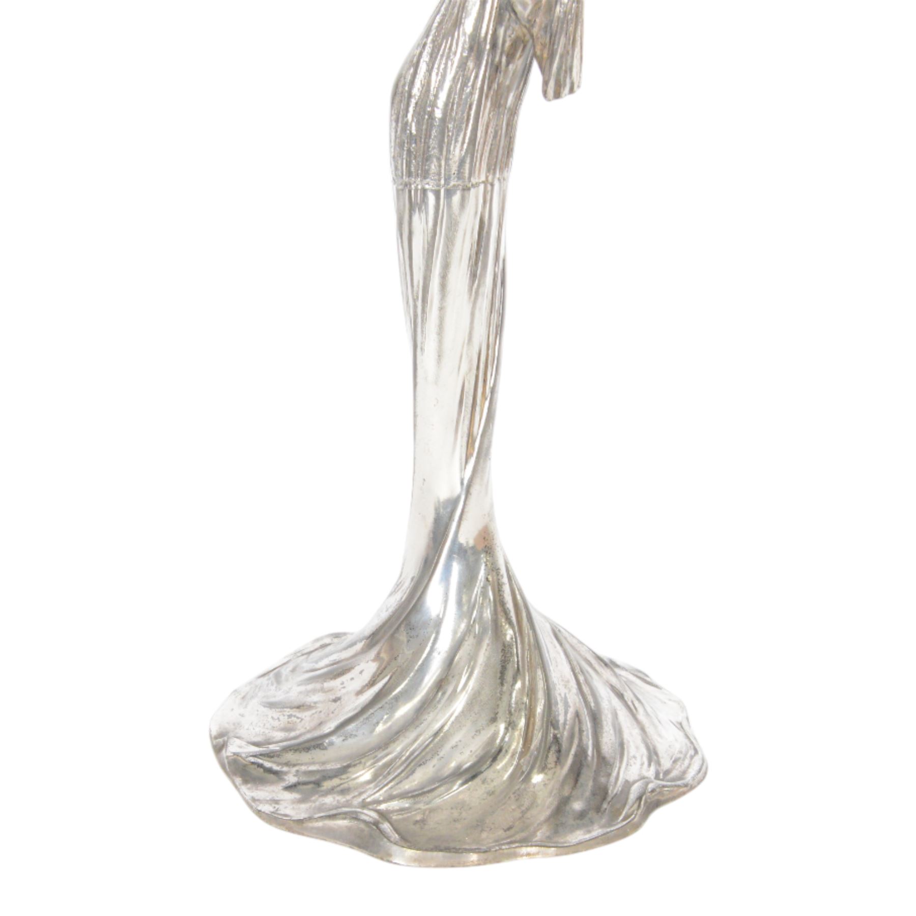 WMF figural centre piece the pedestal in the form of a woman, holding flower bud, the bowl decorate with vine leaves and berries, mark stamped to base, H38cm