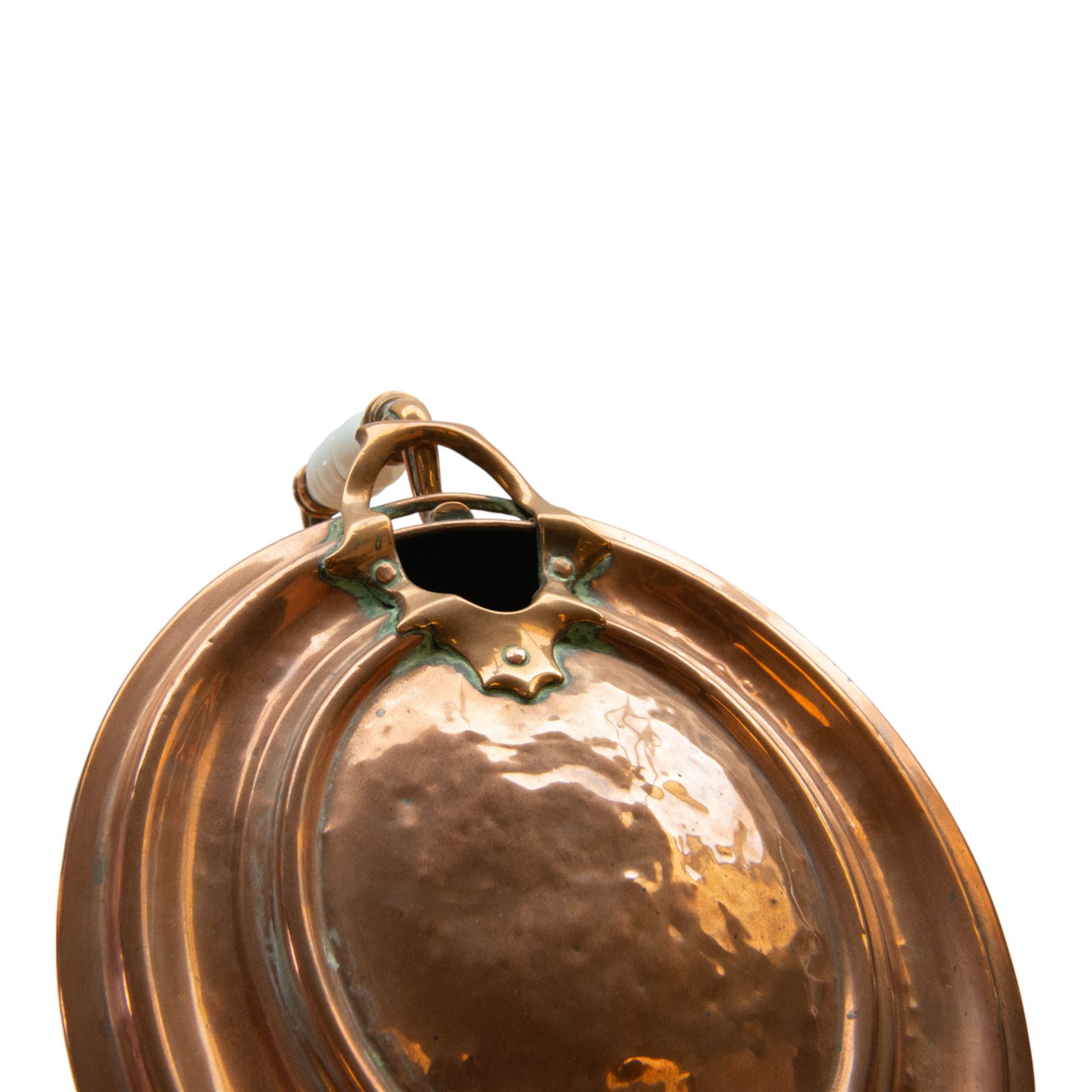 Pair of 19th century copper coal scuttles, of circular form raised on a circular stepped foot with hinged cover, H44cm, L50cm