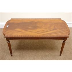  Regency style mahogany cross banded coffee table, turned tapering, reeded supports, W91cm, H41cm, D46cm  