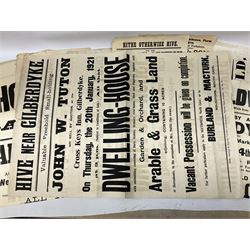 Seven late 19th/early 20th century auction posters of Hull/Yorkshire interest for properties in Hithe (Hive) 1852, South Cave 1880, Ellerker 1904, Hive 1921, Osbaldwick 1921, Balfour Street Hull 1922 and Sancton 1922; another for Cumberland 1824; two early 'This House To Let' posters; posters unframed and folded; and auction particulars for Gator Court, Ashburton, South Devon 
