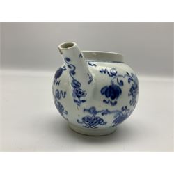 18th century Bow miniature or toy teapot and cover, circa 1765-1768, decorated with fruiting vines in underglaze blue, approximately H9cm