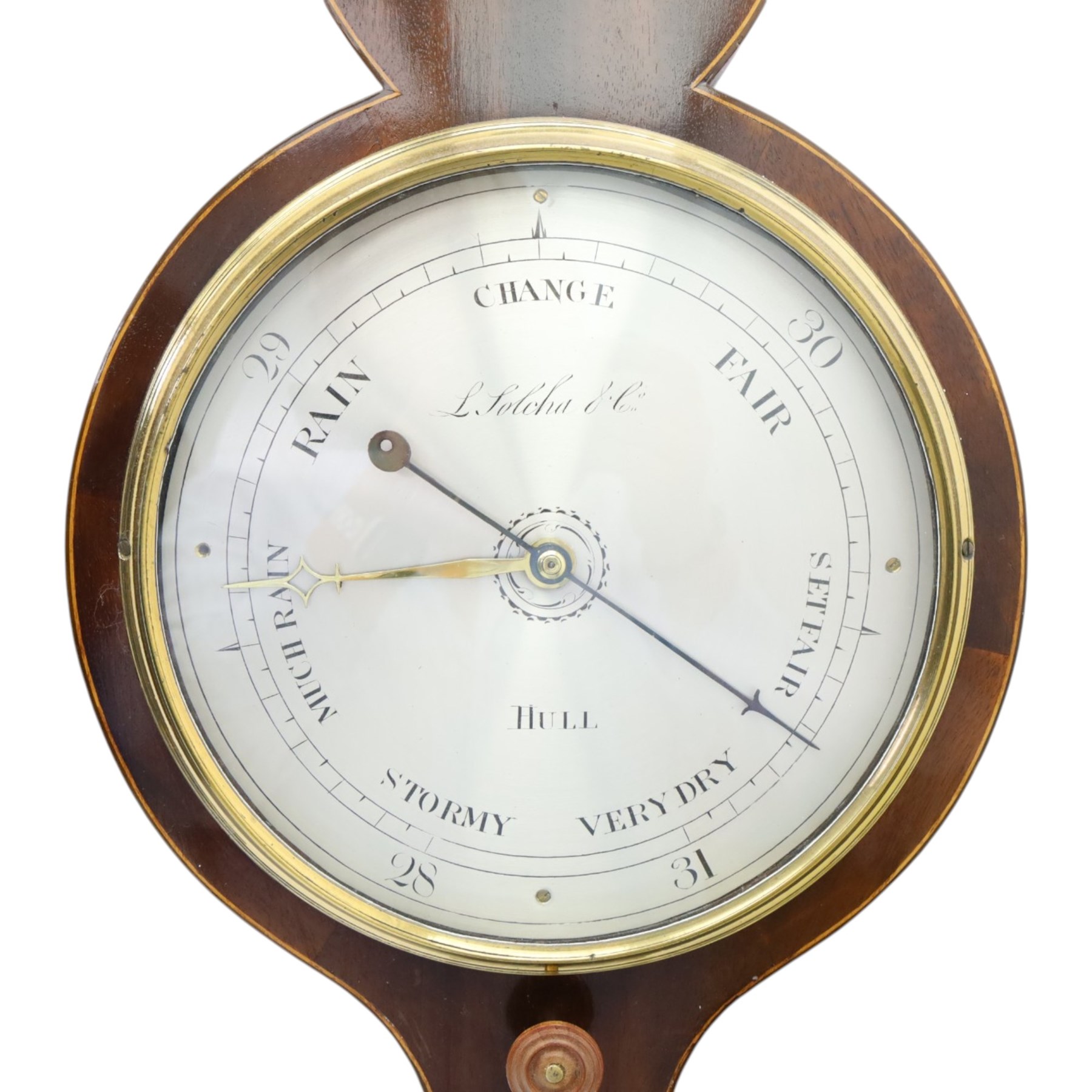 L. Solcha & Co. of Hull - 19th century Sheraton Revival mahogany wheel barometer, the swan neck pediment above a floral inlaid medallion and thermometer, with further shell inlay flanking the stem, the circular silvered dial above a shaped terminal, H 99cm