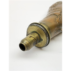 Victorian large copper powder flask embossed with a hunting scene within an oak leaf border with stag and fox heads, the nozzle marked 'Extra Quality Sykes Patent', fitted with four suspension rings H24cm; together with Victorian leather shoulder shot flask with Sykes nozzle L80cm (2)