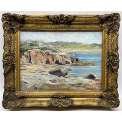 Circle of Francis Campbell Boileau Cadell (Scottish 1883-1937): 'Iona' Coastal Scene, oil on board bears signature, titled verso 29cm x 39cm