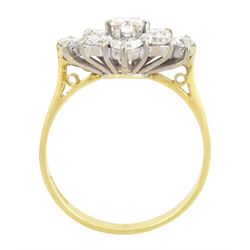 18ct gold diamond cluster ring, nine round brilliant cut diamonds, in a marquise shaped setting, London 1988, total diamond weight approx 1.65 carat