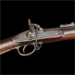 19th century Enfield percussion rifle, the 99cm barrel with three barrel bands, fore sight and rear sight, ramrod under, full walnut stock with brass butt, carrying sling brackets, action marked '1855 Tower' with Victoria cypher, overall L138cm