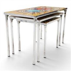 Juliette Belarti for Adri - 1960s-70s nest of three brutalist design tables, ceramic tiled tops, raised on a chrome frame 
