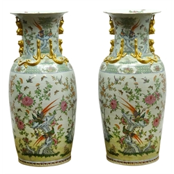  Pair large Chinese floor vases, the bodies decorated in famille vert, and rose enamels with exotic birds and insects in a garden landscape, the trumpet neck with gilt dragon and temple dogs, D40cm, H96cm (2)  