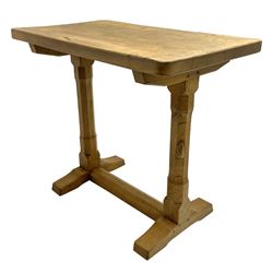'Rabbitman' oak stretcher table, adzed rectangular top on twin octagonal supports, on sledge feet joined by floor stretcher, carved with rabbit signature, by Peter Heap of Wetwang