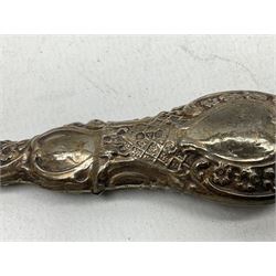 Hallmarked silver handled button hook, together with cutlery with stamped silver ferrules hallmarked Sheffield 1888