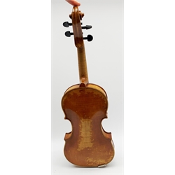  Late 19th century violin with 36cm maple back and spruce top, bears label 'Copy George Klotz Made in 1747', L59cm overall, in ebonised wooden carrying case with two bows  