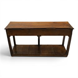 George III oak dresser base, rectangular top with moulded edge, fitted with two drawers over shaped spandrels, raised on square chamfered supports united by undertier, on stile feet
