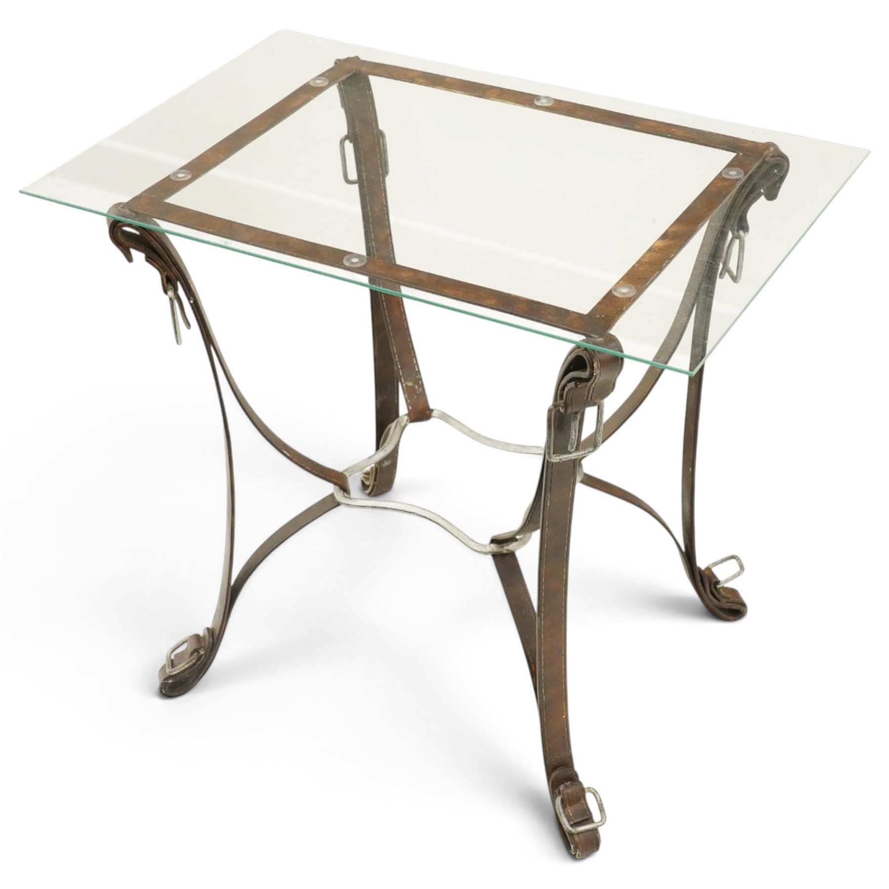 And So To Bed - 'Handel' side table with horse-tack style simulated leather wrought metal supports, rectangular glass top raised on shaped bridle-style supports united by shaped metal stretcher