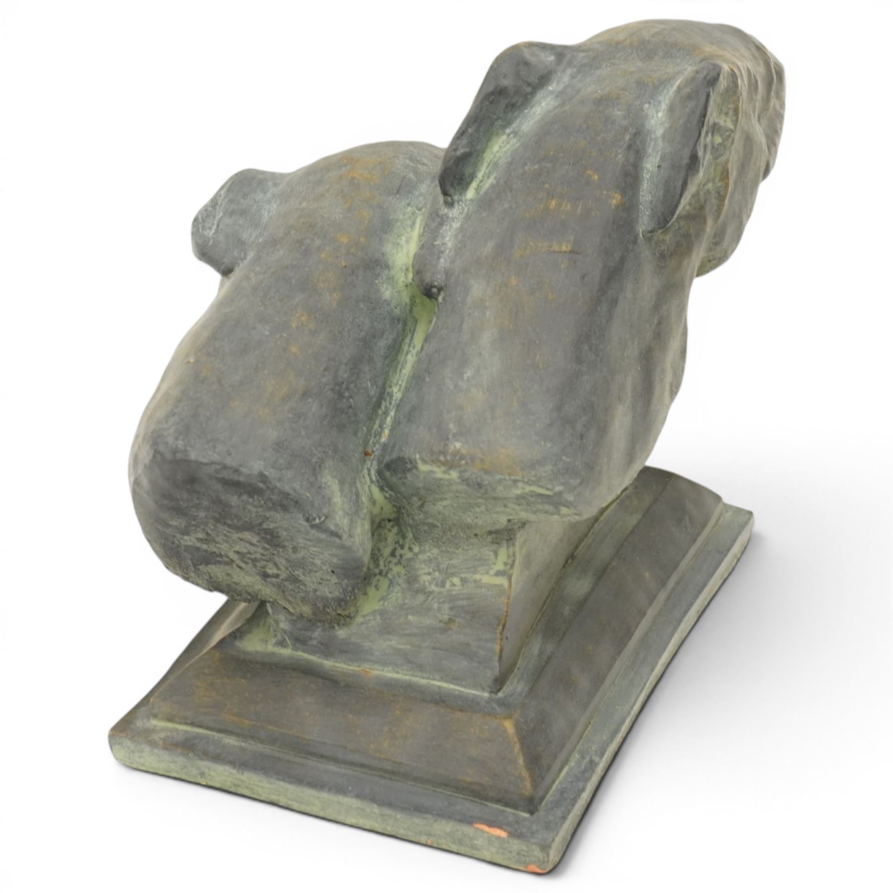 Composite stone statue group of two greyhound heads on stepped plinth base, in antique bronze finish