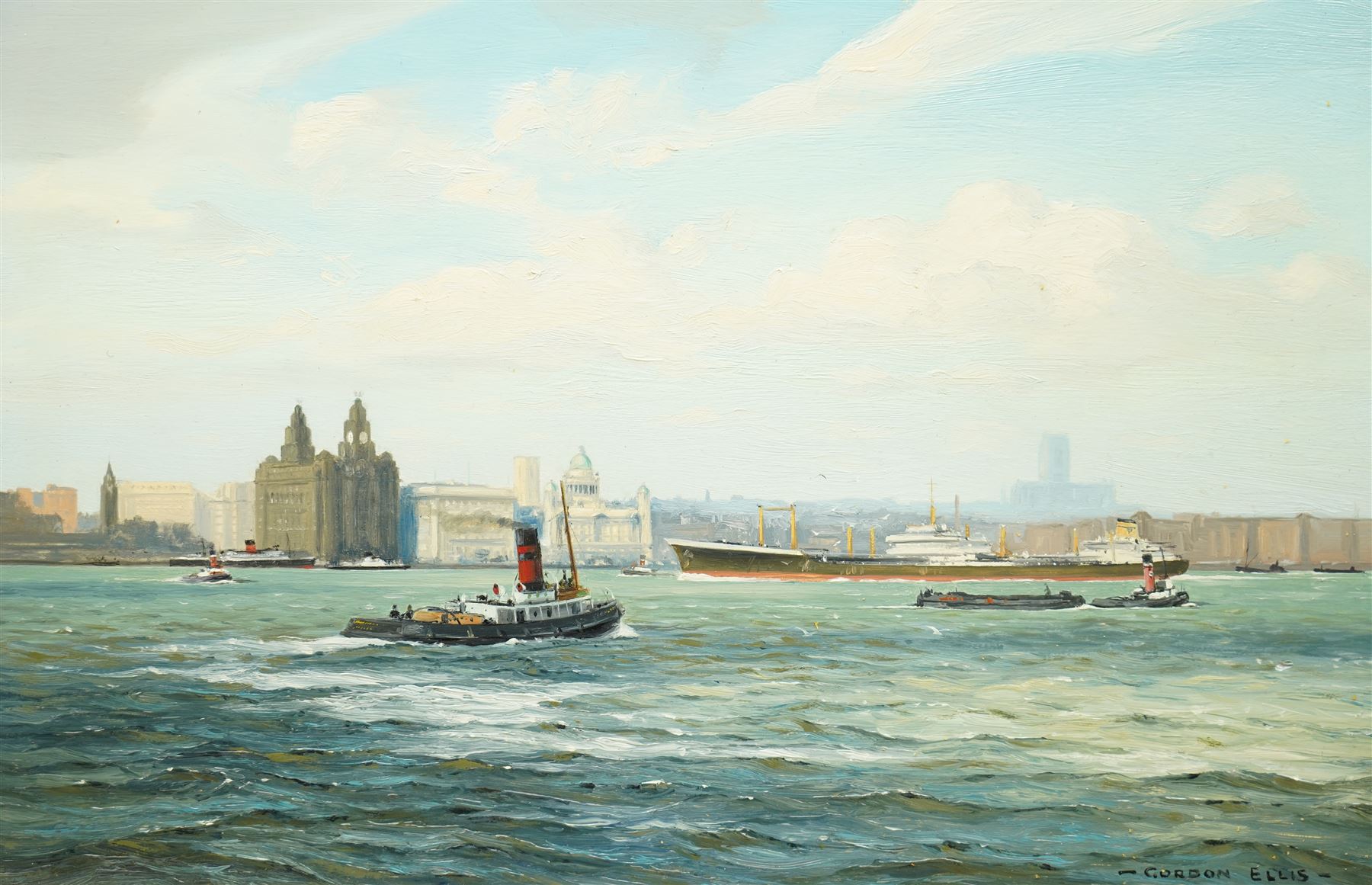 Gordon Ellis (British 1921-1979): Shipping off Liverpool, oil on board signed 29cm x 45cm