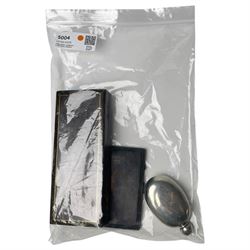 Silver cigarette case and birth record spoon, together with a silver plated hip flask