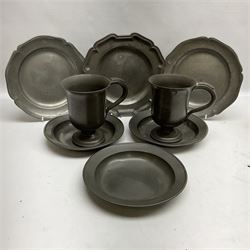 Group of 19th century pewter comprising, set of three H Kamphof Dutch pewter dishes, three other  dishes and two goblets 