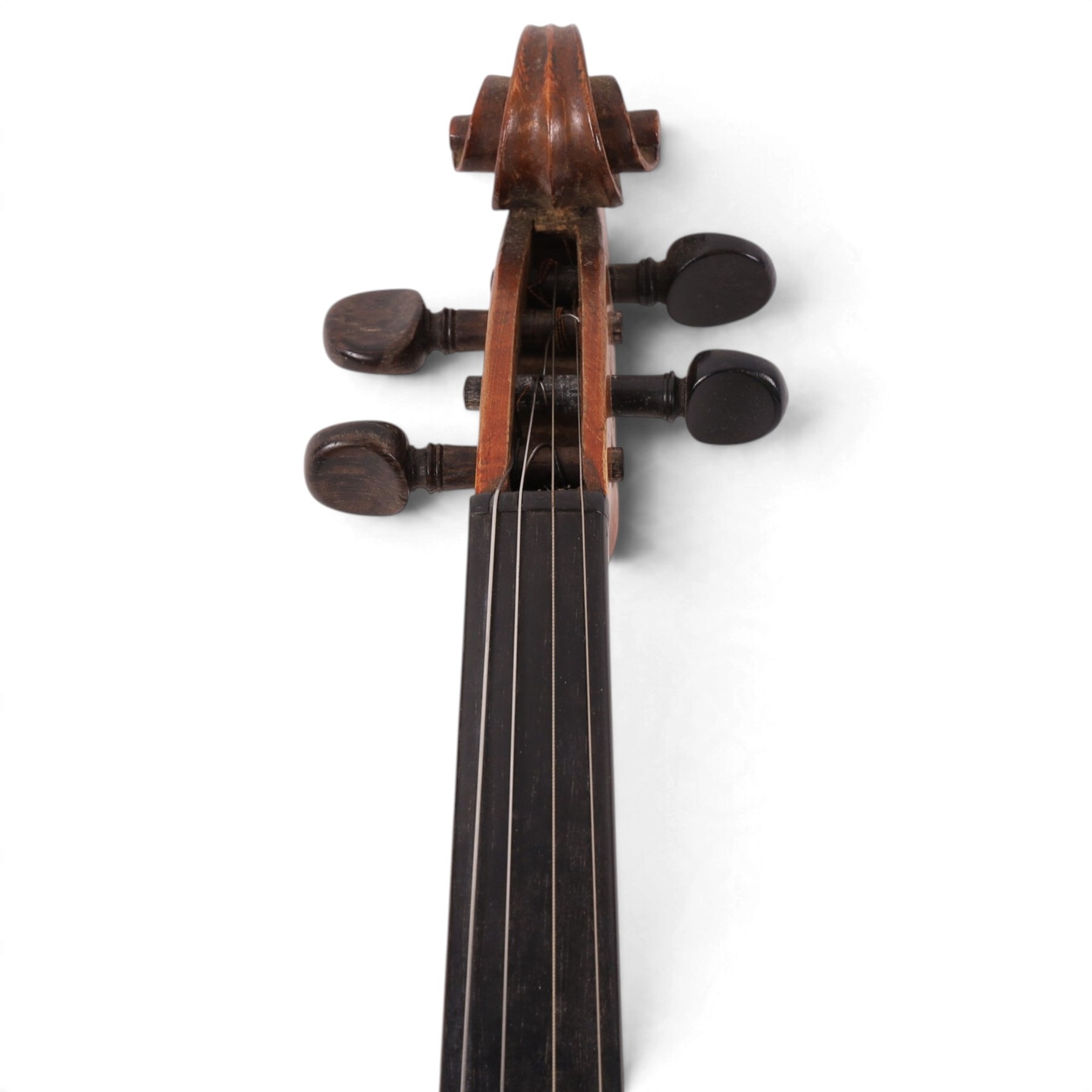 Early 20th century copy of an Antonius Stradivarius violin, with two piece back, ebonised finger board and tuners, the interior label reading 'Modele dapres Antonius Stradivarius Cremonensis anno 1721', in hard case with bow, length 62cm