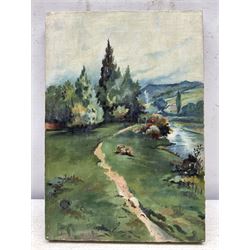 Charles Cutts Elmhirst (Staithes Group 1872-1937): River Landscape near Thorne, oil on canvas unsigned 33cm x 23cm 