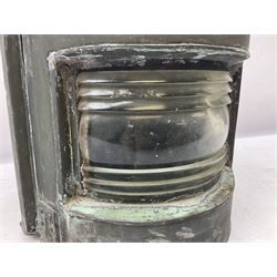 20th century Alderson & Gyde Ltd copper ship lantern, with swing handle and a plaque inscribed Bow Port Patt 23 and ribbed clear glass shade