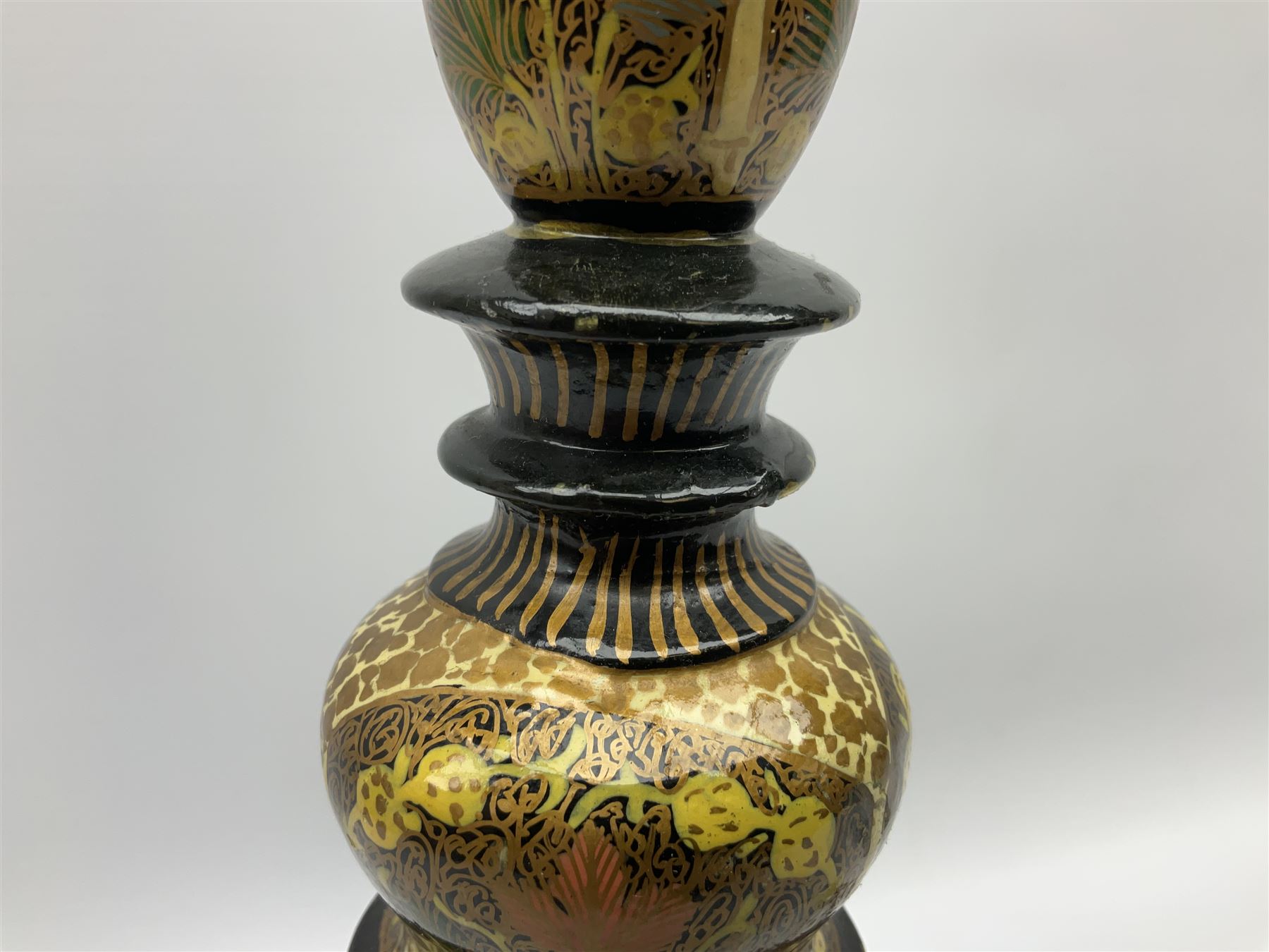  Kashmiri papier mache table lamp, open spiral twist column decorated with flowers, on a turned base,  H43cm