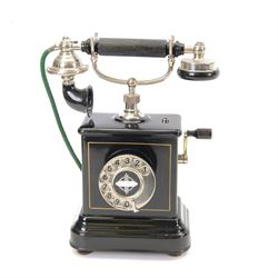 20th century Jydsk danish table top pillar telephone, with crank handle, bakelite and chro...