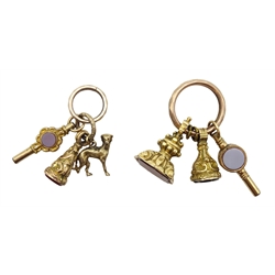  Victorian gold mounted and pinchbeck hard stone pocket watch keys, hard stone fobs and dog charm   