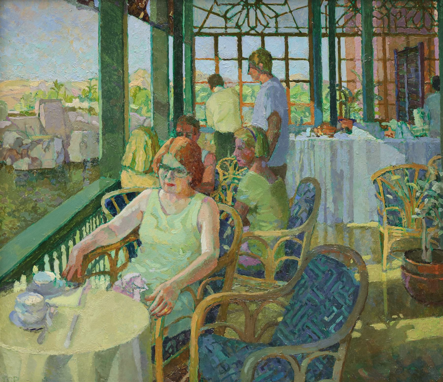 Jennifer Percival (British 20th Century): 'Edna Relaxing', oil on board faintly signed with initials, titled verso 25cm x 29cm 