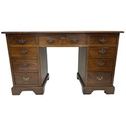 Late 19th century mahogany twin pedestal desk, moulded rectangular top with leather inset writing surface, fitted with nine drawers, on bracket feet