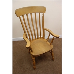  Farmhouse beech slat back armchair, turned supports joined by double 'H' stretcher, W67cm  