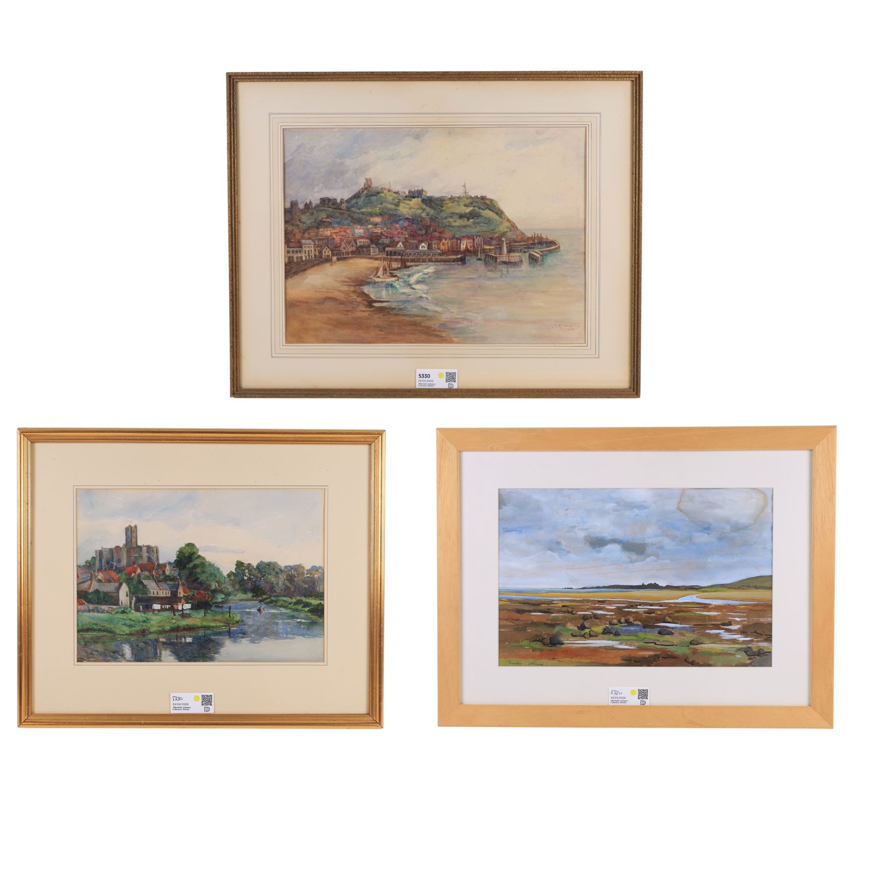 F A Roylance (British Early 20th century): Scarborough Castle and Harbour, watercolour signed and dated 1908, 33cm x 46cm; two other watercolours (3)