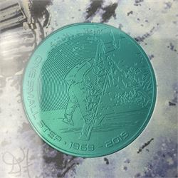 Queen Elizabeth II Bailiwick of Guernsey 2019 'The Titanium Moonlanding' fifty pence three coin set, comprising 'Green', 'Orange' and 'Blue' titanium coins, in capsules and case with certificate