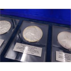 British Commemorative Society Ltd, set of six commemorative .999 fine silver proof medals, no. 13 to 18 , to include The Dunkirk Medal, The Captain Cook Medal, The Battle of Agincourt Medal, The Prince of Wales Investiture Medal, The Stonehenge Medal and The Queen Elizabeth Medal, each contained within clear perspex cases, in a silk lined fitted case