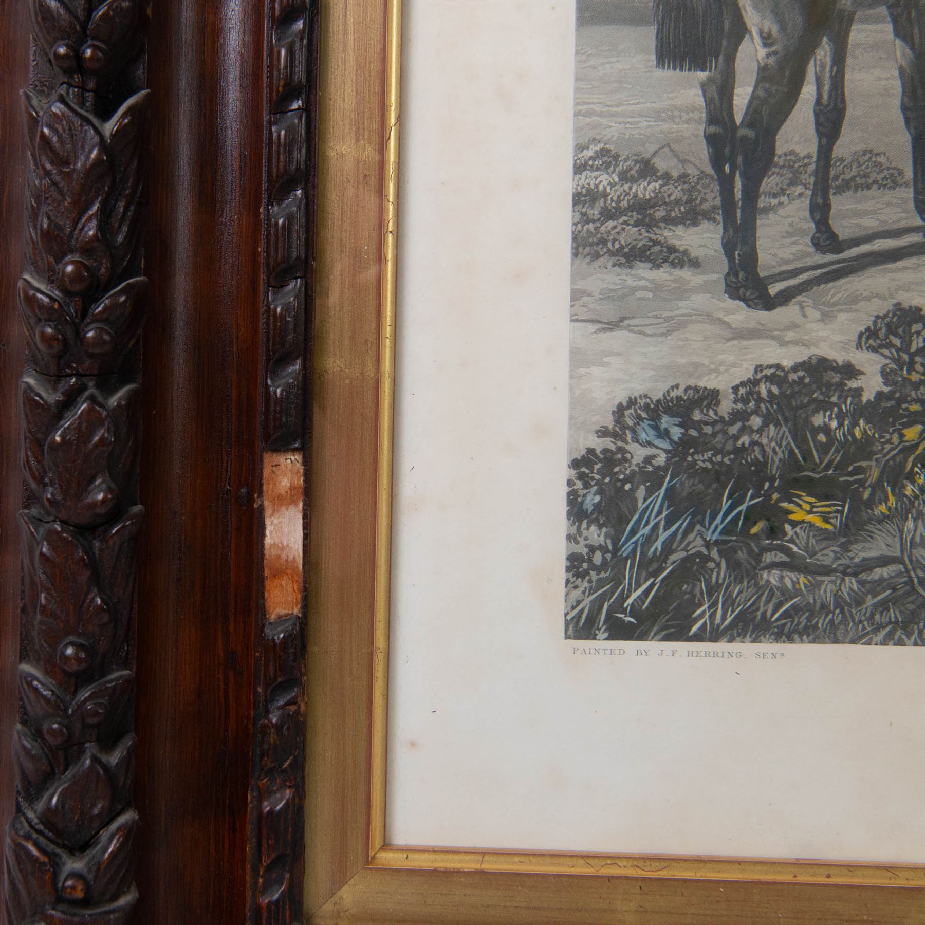 John Frederick Herring Senior (British 1795-1865): 'Fox Hunting - The Meet, The Find, The Run, The Kill',  set of four elephant folio aquatints by J. Harris, from Fores's National Sports, housed in ornate carved frames, aquatints 63cm x 114cm, overall size 88cm x 140cm (4)