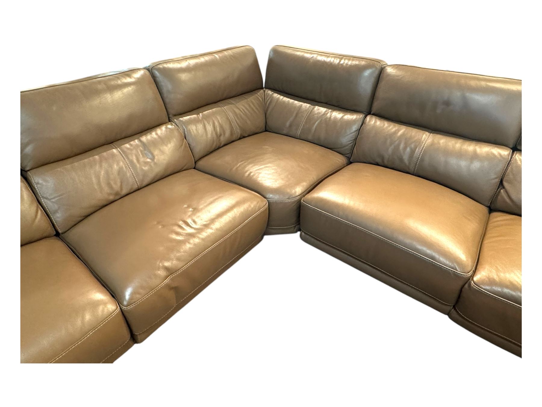 San Antonio six-seat corner reclining sofa, upholstered in pecan leather, modular design with battery-operated reclining function, supportive backrests and deep seat cushions, on chrome supports
