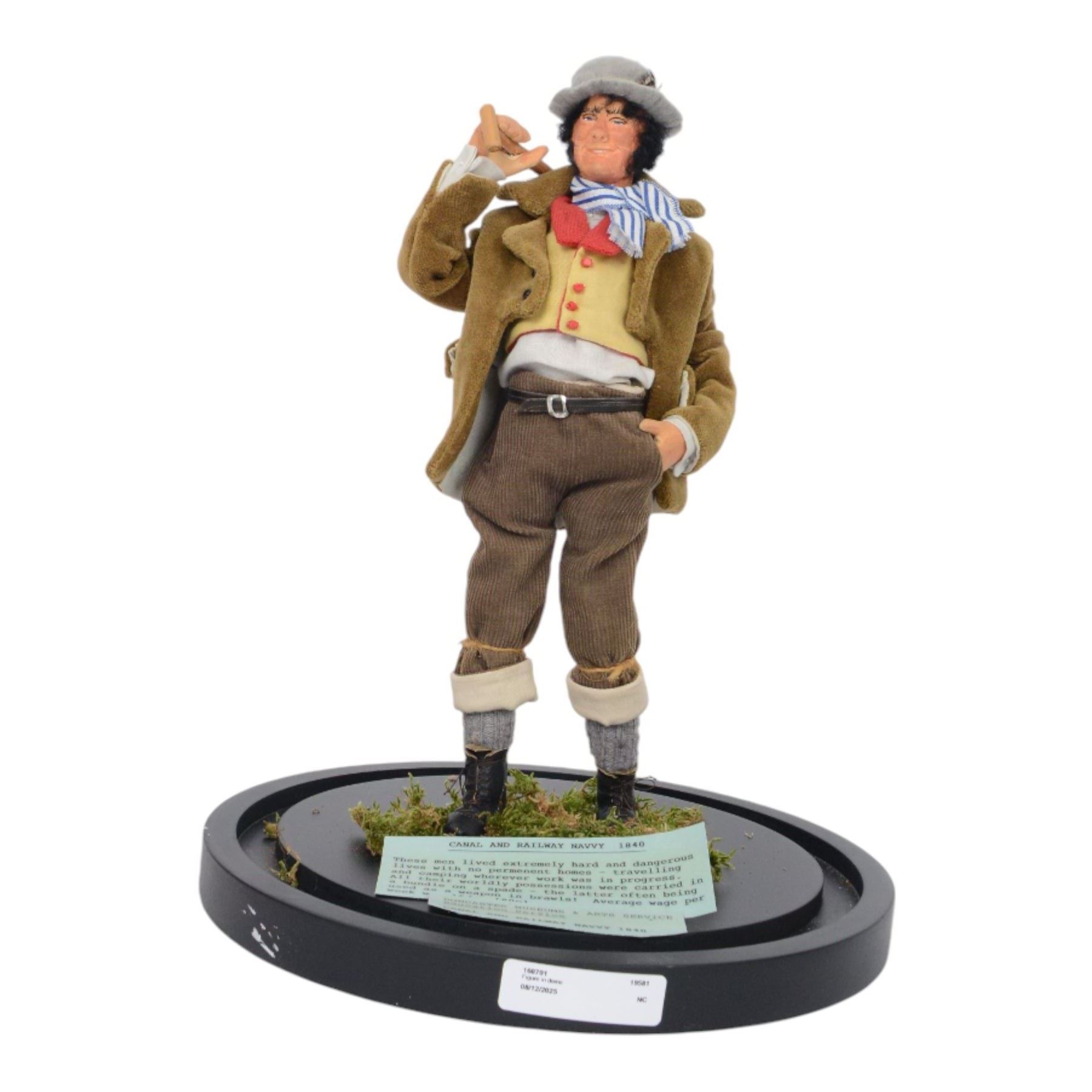 Handmade model of Canal and Railway Navvy, originally part of the Doncaster Museums and Arts Education Service, in a modern glass dome, H52cm