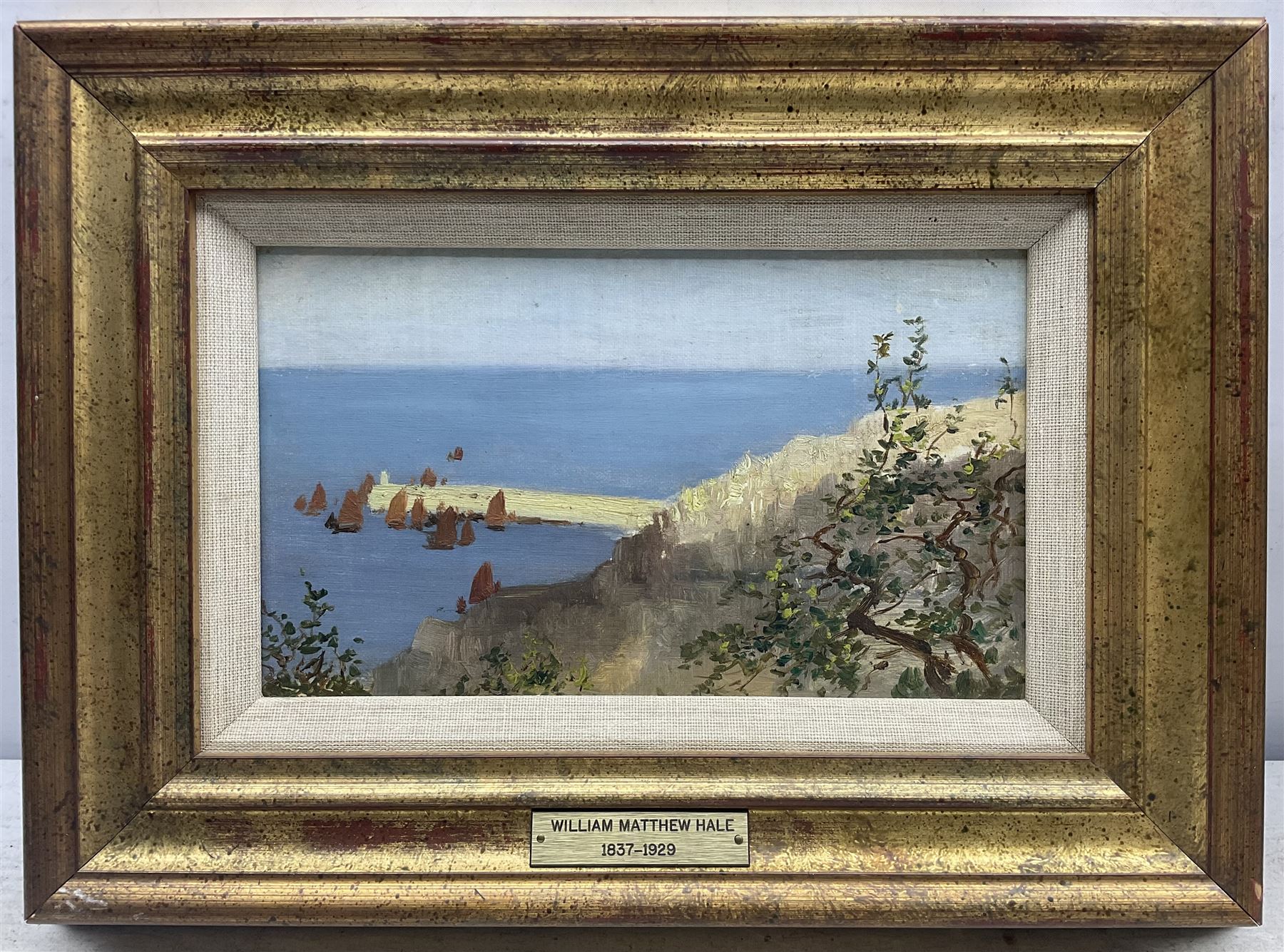 William Matthew Hale (British 1837-1929): Fishing Fleet off the Pier Head, oil on canvas laid on to panel, signed verso 14cm x 24cm 
Provenance: with the David Cross Gallery, Bristol, label verso