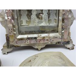 Mother of pearl nativity scene, together with mother of pearl box, shell and carved shell