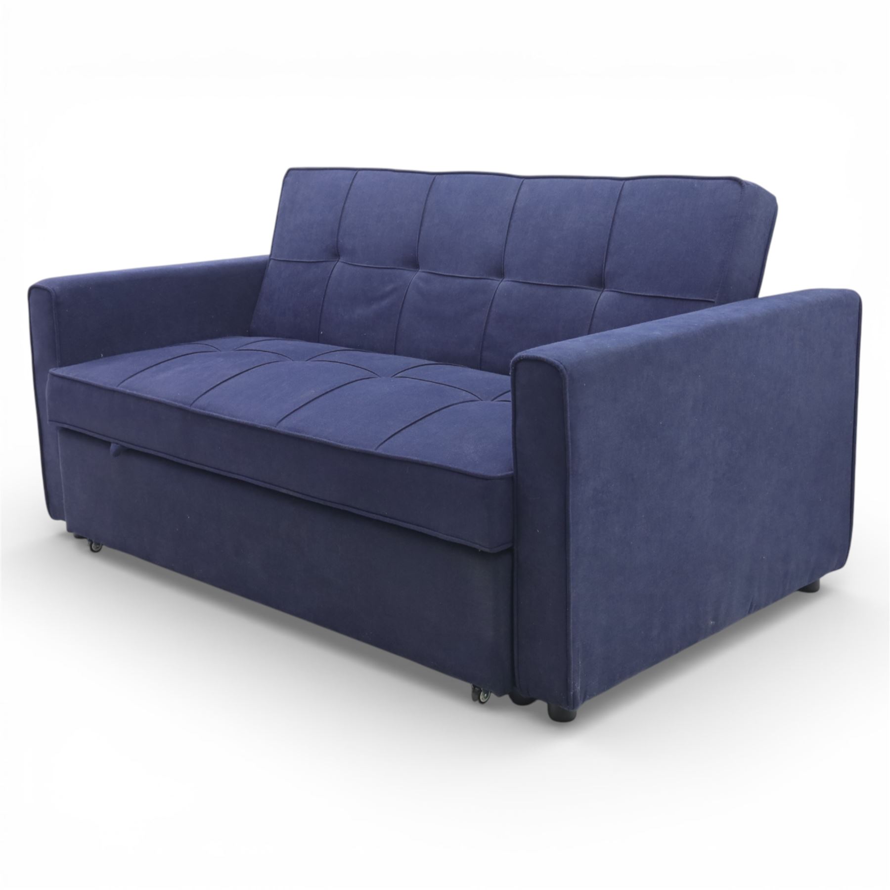Modern two seat sofa bed upholstered in navy fabric, the rectangular back and seat divided into stitched square panels, with integrated button detailing, straight padded arms of square section, the seat back lowering and extending drawer base to form a sleeping platform