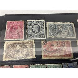 Great British Queen Victoria and later stamps including penny reds, half penny 'bantams', QV one shillings, King Edward VII five shillings, King George V seahorses, King George VI ten shillings dark blue mint previously mounted etc, on seven stockcards 