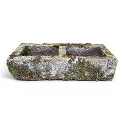 19th century weathered hewn stone double trough rectangular form with two divisions
