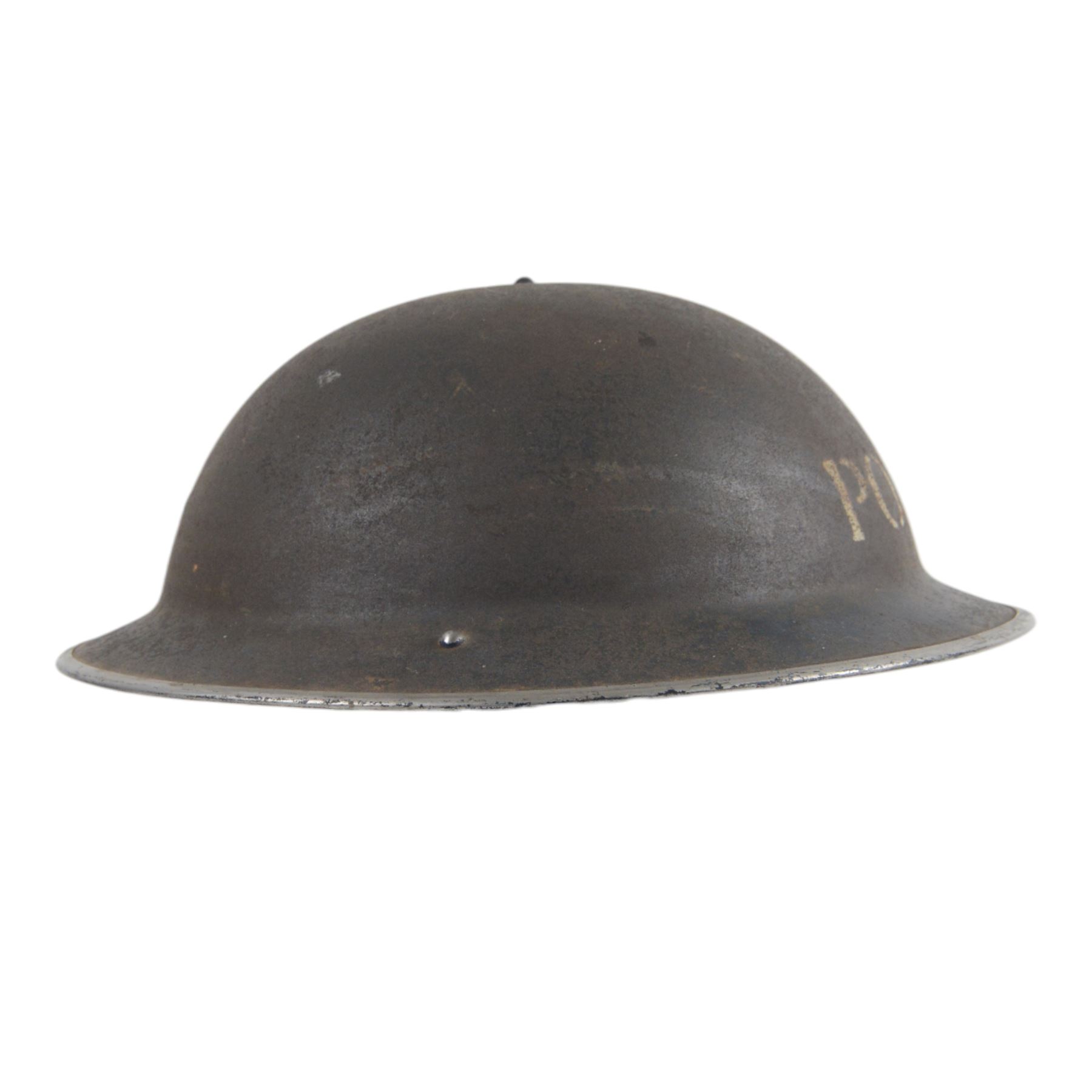 WWII MkII Police Brodie, the blue brodie with white stencil lettering to the front, with liner and strap