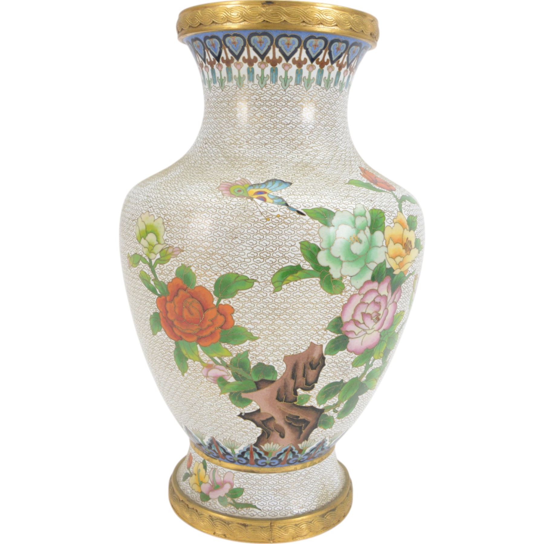 20th century Chinese cloisonné vase, of baluster form, decorated with two peacocks amongst peonies on a white cloud pattern ground, H38cm 