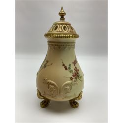 Royal Worcester blush ivory vase and cover, the vase of baluster form on gilt claw feet, shape No.1019, with printed beneath, Together with Limoges dish, vase H16cm