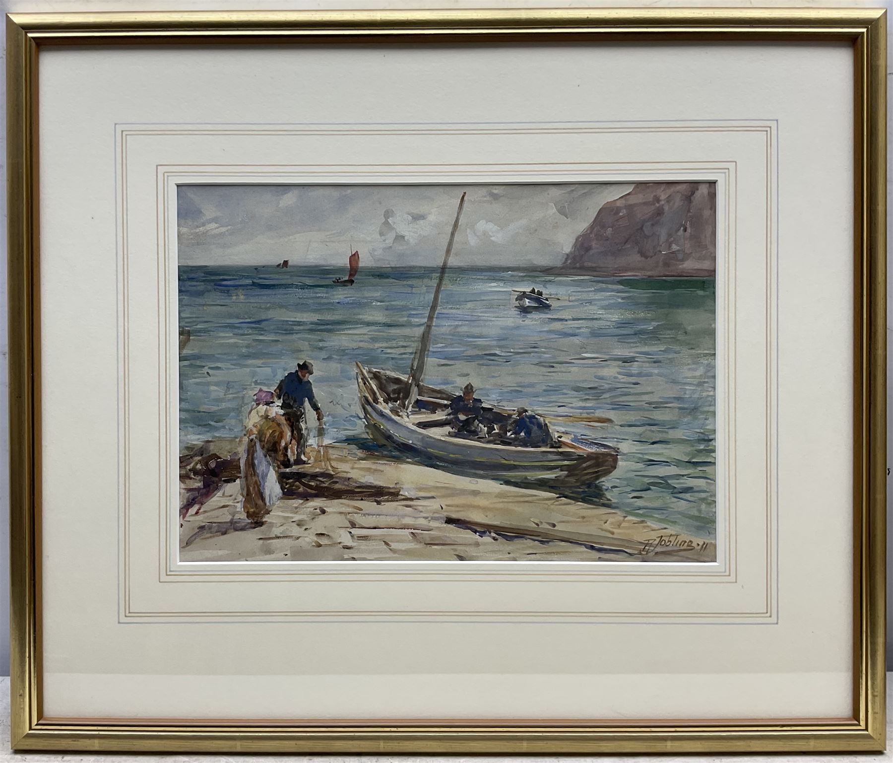 Robert Jobling (Staithes Group 1841-1923): Preparing to Launch a Coble at Staithes, watercolour signed and dated '11, 23cm x 33cm