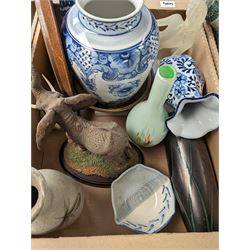 Collection of studio pottery, including vases, Country Artists elephant figure, glass nude female figure and a collection of other ceramics and collectables, in three boxes 