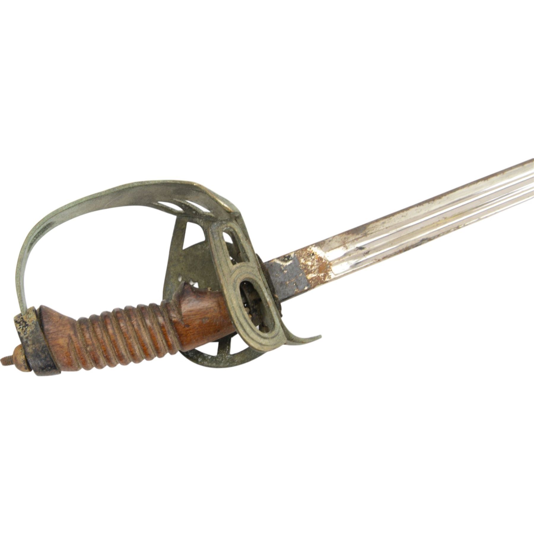 Prussian Cavalry sword Model 1889, with 77cm single edge blade, the folding guard incorporating the Imperial Prussian eagle, stirrup knuckle bow,  in black painted steel scabbard with single suspension ring, overall L94cm 